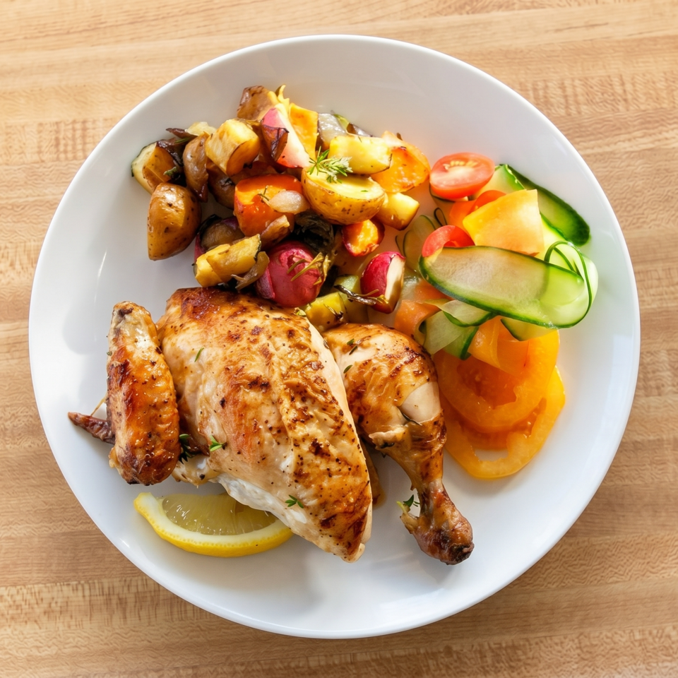 Roasted chicken with potatoes, radishes, and a side salad of tomatoes and cucumber on a white plate.