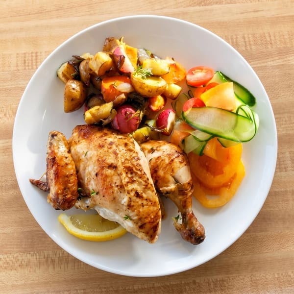 Roasted chicken with potatoes, radishes, and a side salad of tomatoes, cucumbers, and yellow bell peppers.