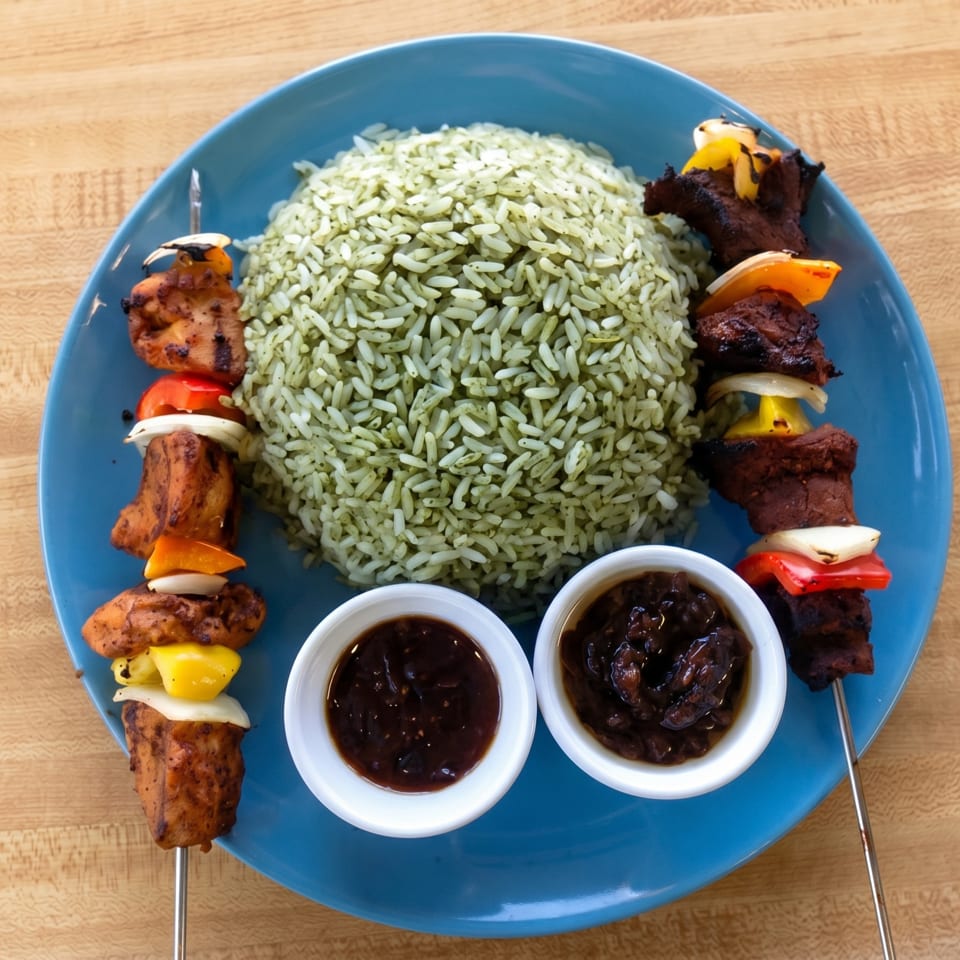 Two skewers of grilled meat and vegetables, green rice, and two dipping sauces on a blue plate.