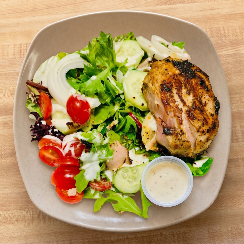 Grilled chicken breast with a fresh garden salad, cherry tomatoes, cucumbers, and dressing on a plate.