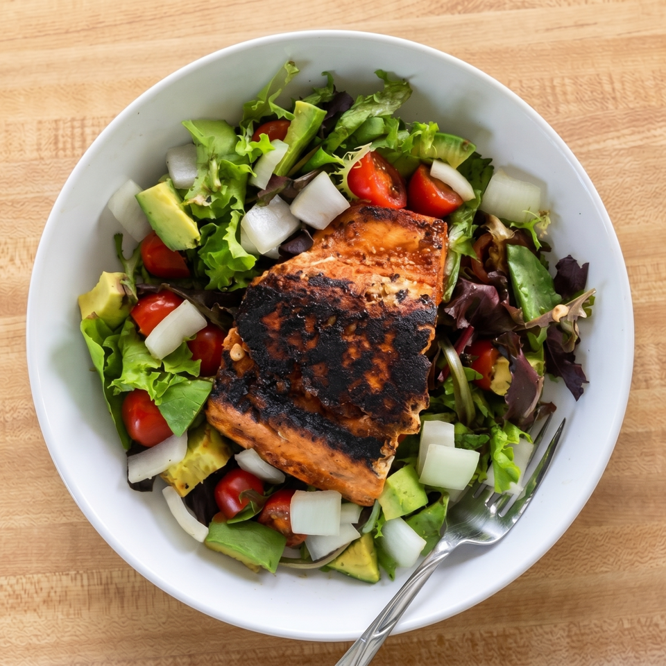 Grilled salmon salad with mixed greens, avocado, cherry tomatoes, and onions in a white bowl.